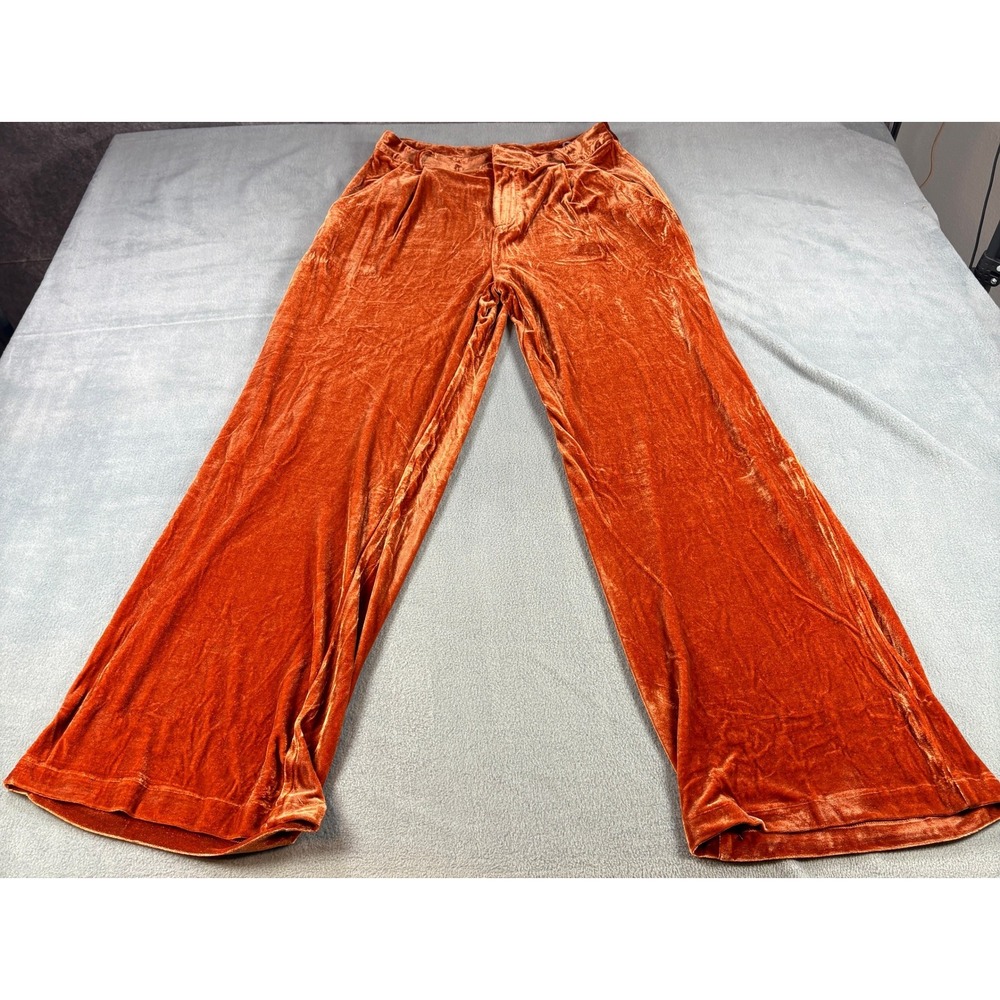 Entro Rust Orange Velvet Wide Leg Pants High Rise Pleated P21249 Large NEW